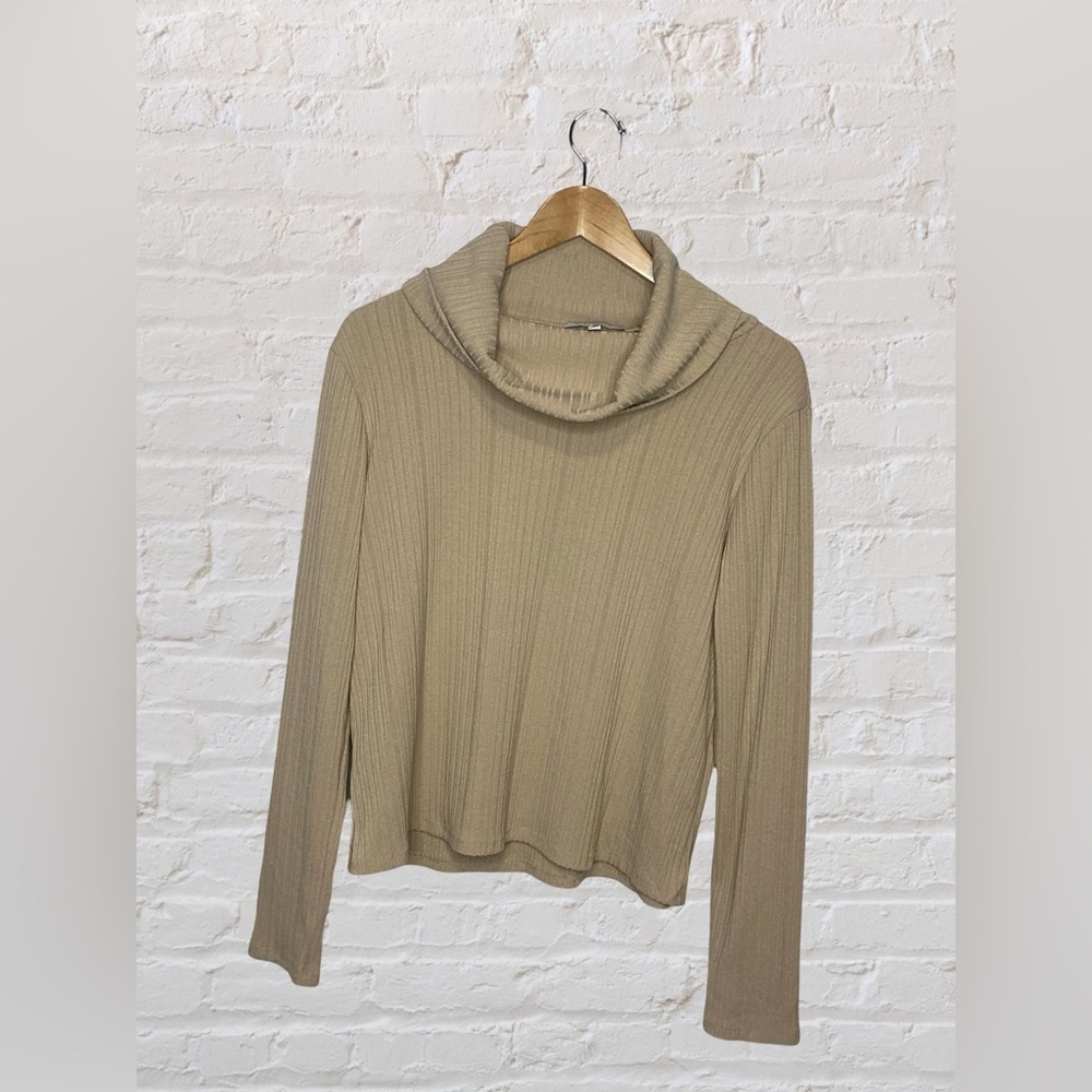 Purple Snow Tan Cowl Neck Long Sleeve Top Size Medium